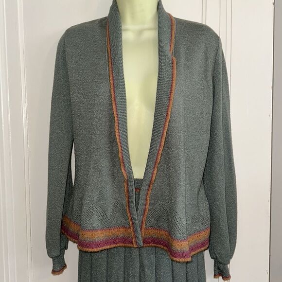 Vtg  70s/80s Venice brand green orange & pink open front sweater & skirt outfit - Picture 3 of 7